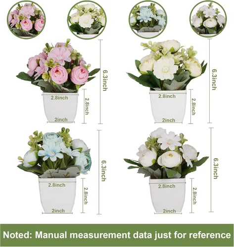 Vista 2 de Yoratee 4 paquetes de plantas falsas pequeñas en maceta con camelia para el hogar, interiores y exteriores, pequeñas decoraciones