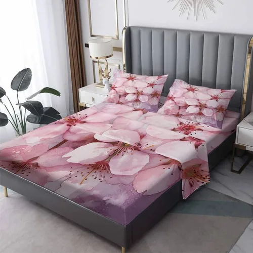 Vista 9 de Juego de sábanas de tamaño individual con estampado de flor de cerezo, sábanas japonesas de microfibra suave, bolsillo profundo, sábanas y fundas
