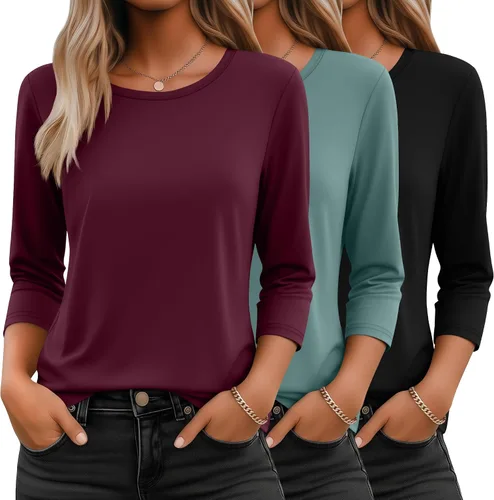 Vista 13 de Ficerd Paquete de 3 camisetas de manga 3/4 para mujer, cuello redondo, camisetas básicas elegantes, casuales, modernas, holgadas