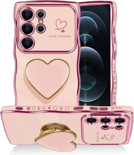 Vista 22 de Funda para Samsung Galaxy S23 Love-Heart Holder Case Cute Black Luxury Wave Frame forma rizada con corazón de amor, cubierta protectora de TPU suave