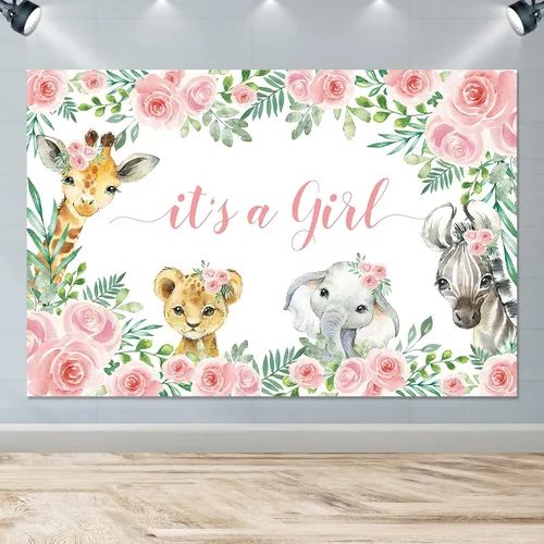 Vista 4 de Decoraciones de telón de fondo para baby shower, temática de animales de la selva, suministros de fiesta de baby shower para niña, telón de fondo