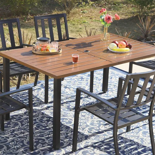 Vista 7 de SUNSHINE VALLEY Juego de 7 sillas de comedor para patio, material metálico, 6 sillas de comedor de color teca rectangular con agujero para sombrilla