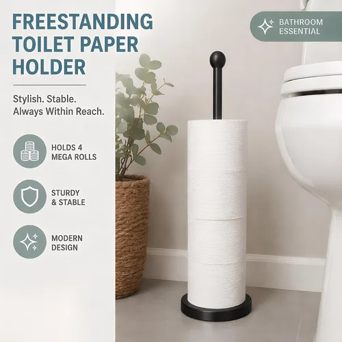 Vista 2 de Songtec Soporte para Papel Higiénico de Pie, Soporte de Rollo de Papel Tisú Negro de Pie con Reserva para 4 Rollos, Diseño Compacto
