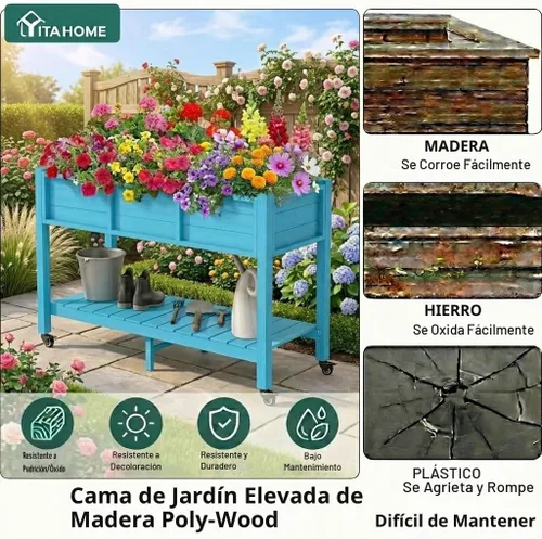 Vista 3 de YITAHOME Cama de jardín elevada de polietileno de alta densidad, 47 x 18 x 31 pulgadas, maceta elevada de madera de polietileno resistente a