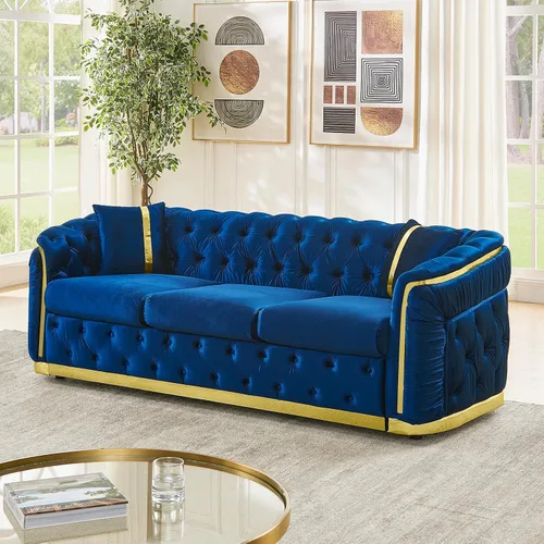 Vista 15 de Sofá Chesterfield de 62.6 pulgadas, moderno de mediados de siglo, sofá de terciopelo blanco beige y dorado, sofás de lujo para sala de estar