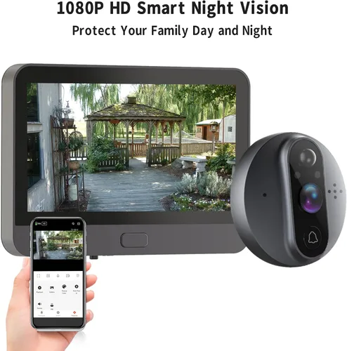 Vista 3 de Timbre de video WiFi para apartamento, cámara de mirilla con pantalla LCD de 4.3 pulgadas, 1080P, gran angular de 120°, visión nocturna, detección
