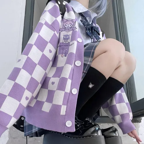 Vista 3 de Kawaii Button Knitted Outerwear Women's Japan Cute Cardigan Plaid Sweater Kawaii Jk Uniform Cardigan Sweater Cosplay Sweater