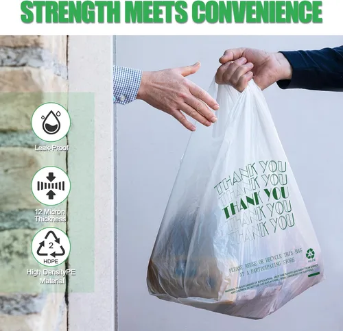 Vista 7 de Cheardia Bolsas de Camiseta, Bolsas de Plástico Gracias Bolsas de Compras Reciclables con Asas Bolsas de Mercancía