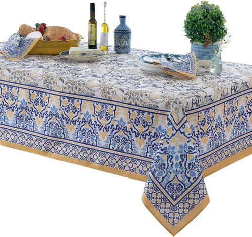 Vista 6 de Home Bargains Plus Servilletas rectangulares de tela, juego de 8 servilletas, estampado floral amarillo y azul, servilletas resistentes al agua y a