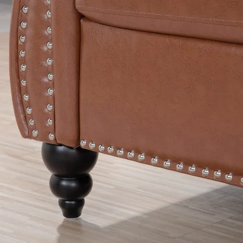 Vista 5 de Sofá Chesterfield de 3 plazas de 85 pulgadas, moderno sofá tapizado de piel sintética con brazo trasero copetudo, patas de madera negra, para Marrón