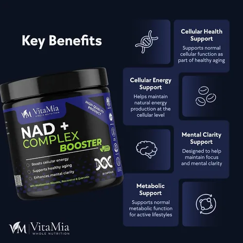 Vista 5 de VitaMia NAD+ Complex Booster, 30 cápsulas - Suplemento NAD con ribósido de nicotinamida, resveratrol y quercetina para energía celular