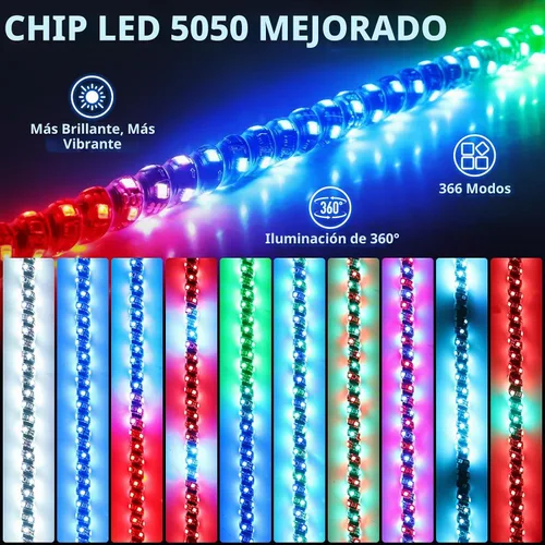 Vista 2 de Luces Whip Uemicip 2PCS 2FT Luces Whip LED RGB en Espiral para UTV, con Base de Resorte App y Control Remoto Inalámbrico RF, Antenas Whip Iluminadas