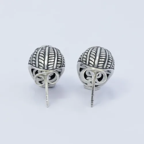 Vista 4 de huggie earrings stud 925 sterling silver decorated with flower ornament and woven art