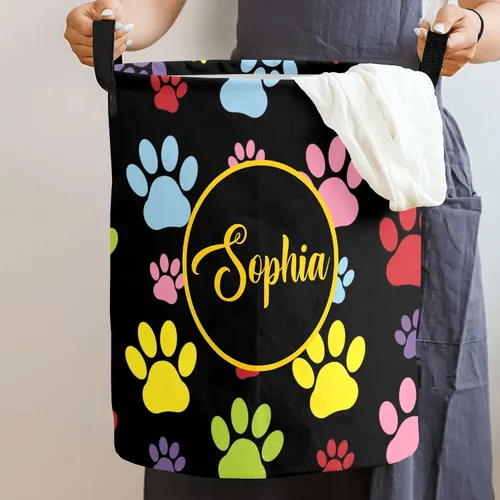 Vista 2 de Cesta de lavandería personalizada con texto y nombre, impermeable, para dormitorio, sala de estar, cesta de almacenamiento