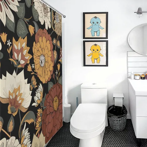 Vista 4 de Cortina de ducha con 12 ganchos para baño, 72 x 72 pulgadas, diseño floral bohemio con hojas tropicales retro y florales (bohemio floral-1)