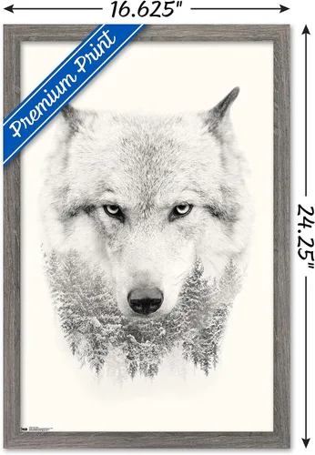 Vista 3 de Trends International Póster de pared de lobo - árboles, 14.725 x 22.375 pulgadas, versión enmarcada de madera de granero