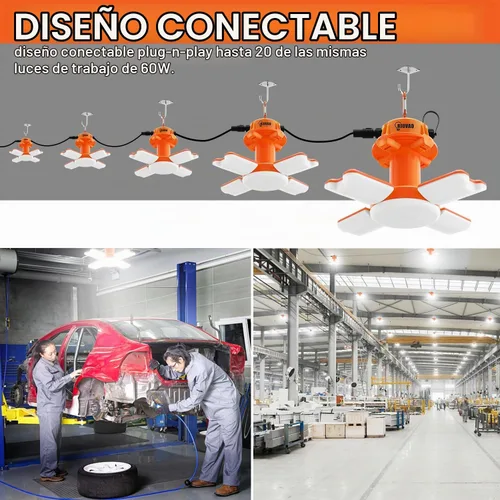 Vista 4 de Luz de trabajo temporal LED de 60W, luces de construcción súper brillantes de 9000 lm 5000K con 4 paneles de luz ajustables, luz de trabajo LED IP67