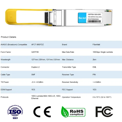 Vista 2 de 100G QSFP28 DR Módulo Transceptor Óptico Lambda, Compatible con AVAGO-Broadcom AFCT-89SFDZ, 100GBASE-DR QSFP28 1310nm 1,640.4 ft Duplex LC SMF