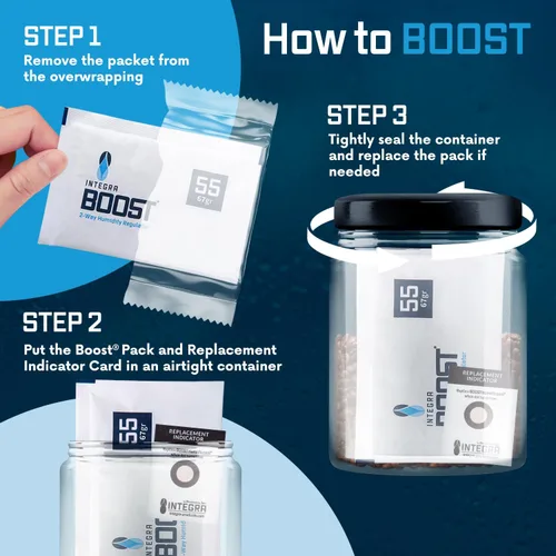 Vista 5 de Integra Boost - Nivel de humedad del 55% - Tamaño de 2.36 oz - Paquete de control de humedad bidireccional - Incluye tarjetas indicadoras