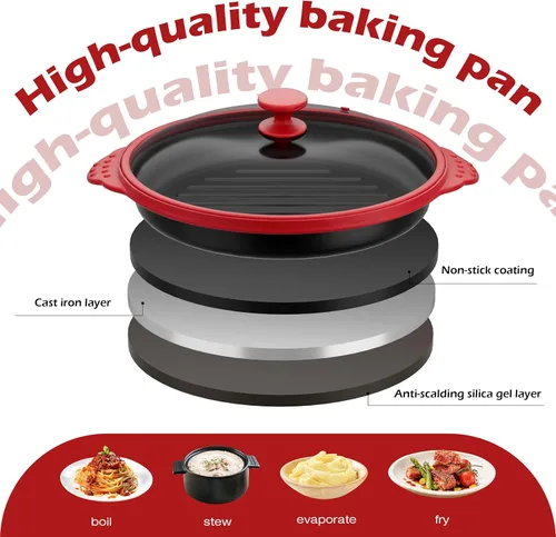 Vista 8 de Sartén parrilla para microondas con tapa de vidrio, parrillera y sartén crujiente para microondas para asar, freír, dorar y hacer crujiente