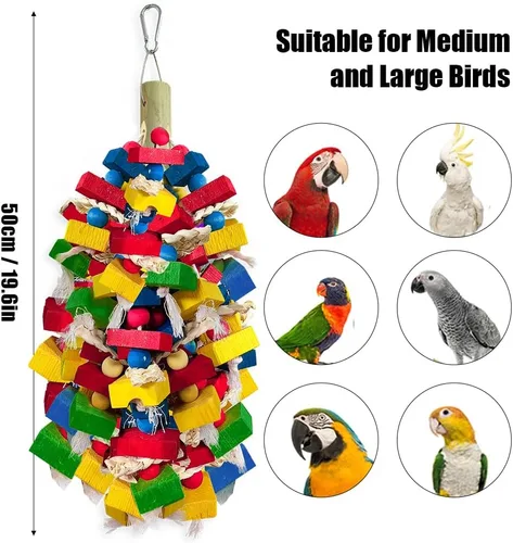 Vista 8 de Juguetes de loros para pájaros grandes, bloques de madera multicolor para masticar, jaula de loro, juguete para mordeduras para guacamayos