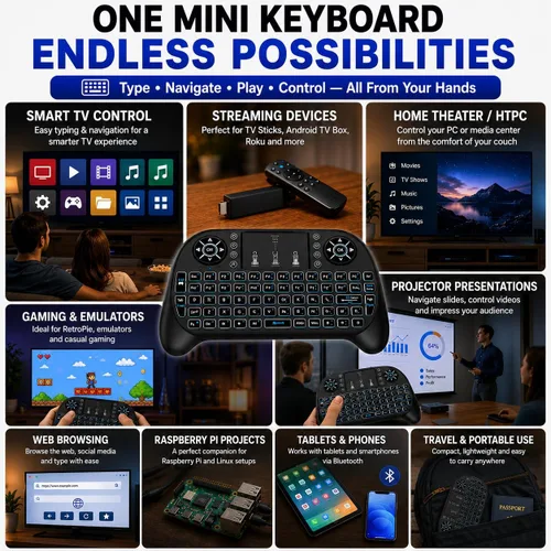 Vista 5 de Mini teclado inalámbrico con panel táctil, Bluetooth + control remoto RF de 2.4 GHz, teclado recargable retroiluminado de 7 colores para Smart TV