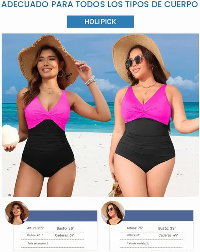 Vista 5 de Traje de baño de una pieza con control de abdomen para mujer Rosado intenso y negro