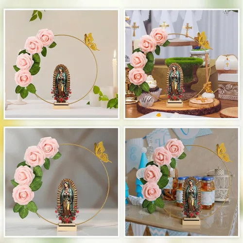 Vista 4 de BreezeHug 12 centros de mesa de bautismo para centros de mesa para bautizo bodas, 12 piezas de madera, 12 aros florales con soporte, 24 rosas