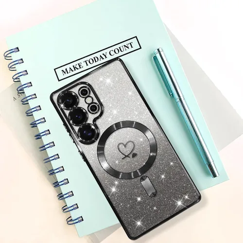 Vista 221 de Bonoma - Funda compatible con Samsung Galaxy S21 Plus, diseño de corazón con purpurina, color rosa Support for MagSafe, Plating Magnetic Case TPU