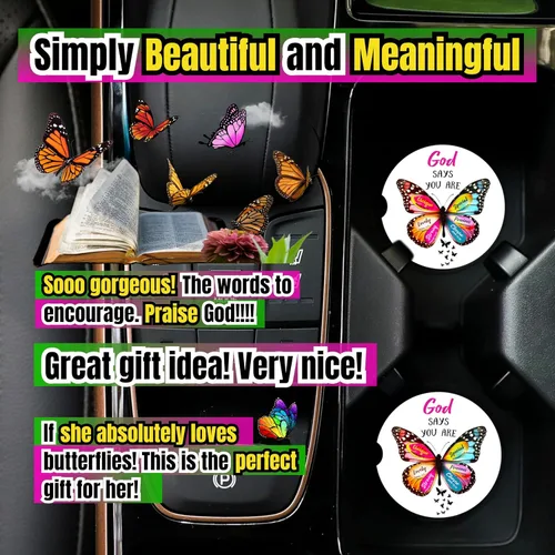 Vista 7 de Posavasos cristianos para portavasos – Paquete de 2 bonitos versículos de la Biblia de mariposa, accesorios de coche para mujeres, decoración de fe