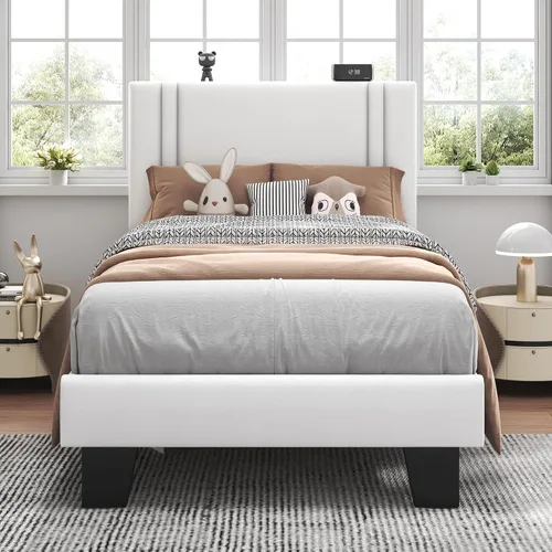 Vista 13 de Feonase Marco de Cama de Plataforma de Tamaño Completo, Marco de Cama Tapizado en Tela con Respaldo Alado, Listones de Madera Maciza y Soporte