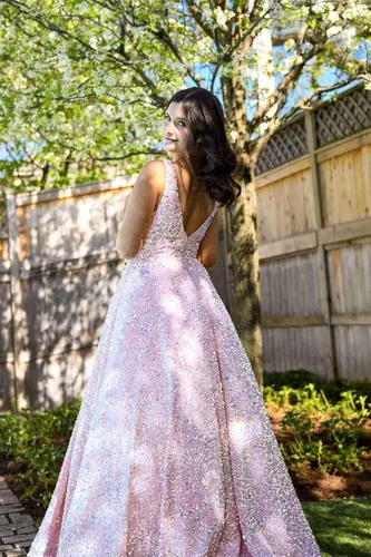 Vista 2 de Joustavuus Vestido de fiesta de lentejuelas con cuello en V, largo, formal, vestido de fiesta con tirantes delgados brillantes y bolsillos