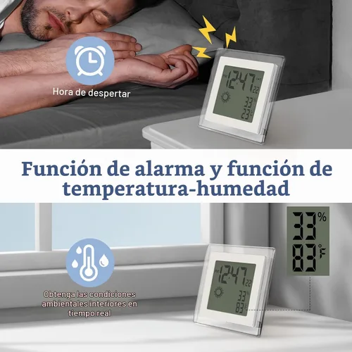 Vista 4 de Reloj pequeño digital, funciona con batería, despertador con retroiluminación automática, temperatura y humedad interior, 12/24H, fecha, reloj