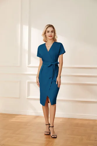 Vista 8 de GRACE KARIN Vestido de negocios de manga corta con cuello en V para mujer, con lazo en la cintura, vestido de cóctel con abertura, vestido midi