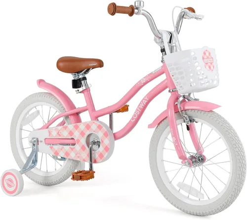 Vista 22 de COSTWAY Bicicleta para niños de 12, 14, 16, 18 pulgadas, bicicleta para niños con ruedas de entrenamiento, frenos de mano y posavasos, sillín