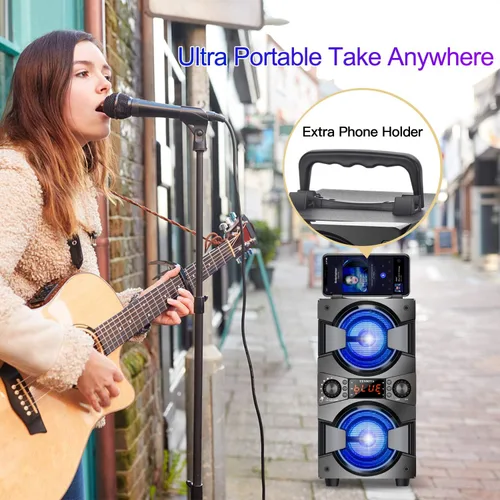 Vista 6 de Altavoces Bluetooth de 60 W, altavoz inalámbrico portátil con subwoofer doble, graves pesados, radio FM, micrófono, luces, ecualizador remoto, caja