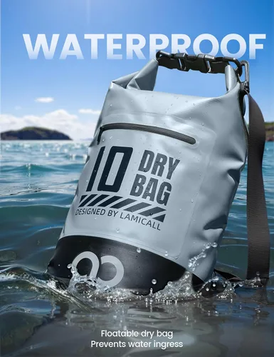 Vista 3 de Lamicall Bolsa seca impermeable con bolsa para teléfono – 5L/10L/20L/30L/40L Mochila flotante enrollable para kayak, barco, playa, camping, pesca
