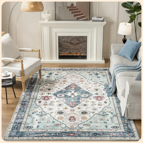 Vista 355 de Istana Alfombra larga antideslizante de 2.5 x 8 para el hogar, para pasillo y cocina, lavable, sedosa y suave al tacto, elegante, color azul y marfil