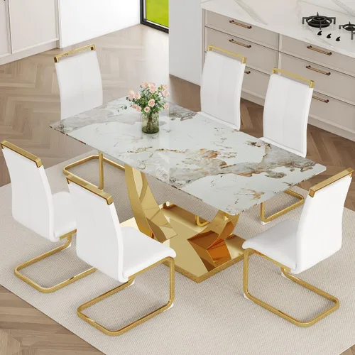Vista 11 de Juego de mesa de comedor de mármol sintético para 6, mesas de comedor rectangulares para 6, mesa de cocina dorada y 6 sillas de piel sintética