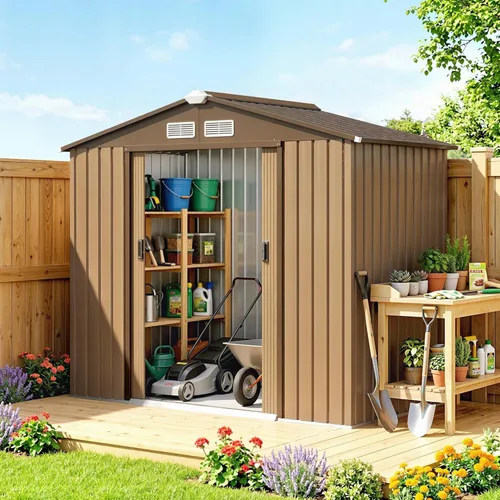 Vista 23 de Outsunny Cobertizo de almacenamiento exterior de 11' x 13', cobertizo de metal para herramientas de jardín con kit de cimentación, puerta con doble