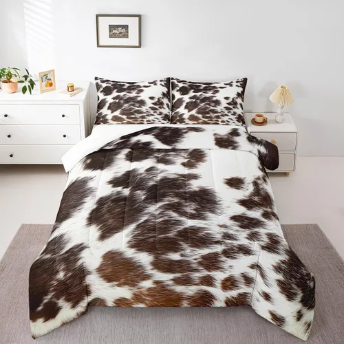Vista 18 de Juego de edredón con estampado de vaca marrón para niñas y niños, edredón de plumón de piel de vaca de las tierras altas, ropa de cama de piel