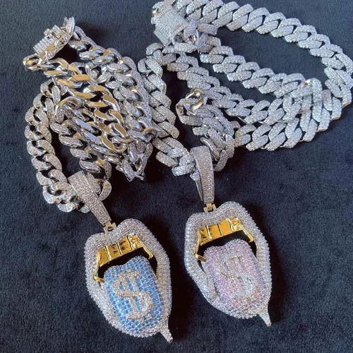 Vista 7 de ICEDIAMOND Iced Out Crazy Dollar Blazing Tongue - Collar con colgante creativo, diamante de circonita cúbica de color brillante con chapado en oro