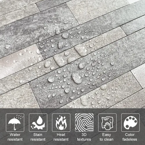 Vista 2 de VAOVI Azulejo de Salpicaduras Autoadhesivo Cocina Piedra Estilo Metro Lineal Mosaico Baño Ducha Pared Impermeable (5 piezas, Gris)