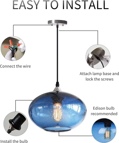 Vista 5 de Iluminación Colgante para Isla de Cocina de Cristal Azul Moderno Lámpara Colgante con Burbujas Texturizadas Sobre Fregadero 9.4 Pulgadas de Diámetro