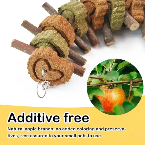 Vista 3 de Juguete masticable de conejo, juguetes masticables de conejo para rechinar los dientes, ramas de manzana naturales con pastel de heno y hierba que