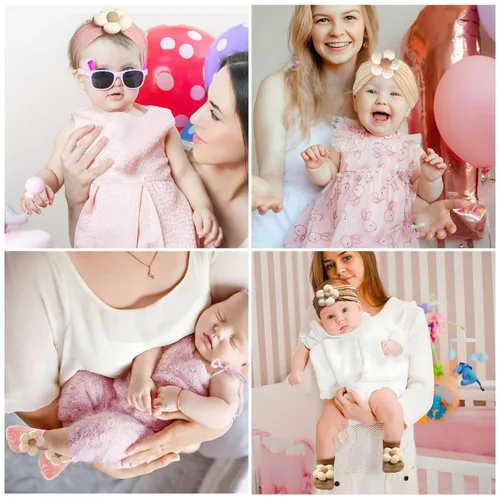 Vista 4 de MIUXUESO Diademas y calcetines para bebés y niñas recién nacidas, bandas para el pelo de flores para recién nacidas, calcetines antideslizantes