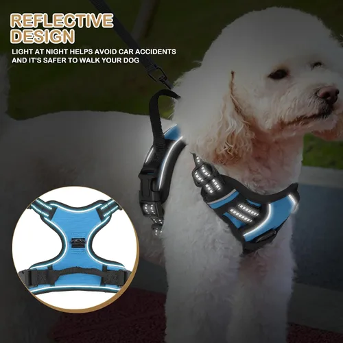 Vista 8 de Arnés reflectante para perro, arnés de chaleco sin tirones con asa, arnés ajustable y acolchado suave para mascotas para perros grandes, azul cielo