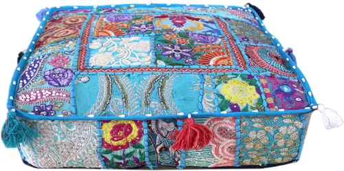 Vista 21 de CRAFT KALA Funda de Puf Tradicional de Retazos Cuadrada India Pufs de Sala de Estar India Otomana de Diseñador Bordada Decorativa Hogar Vida Rosa