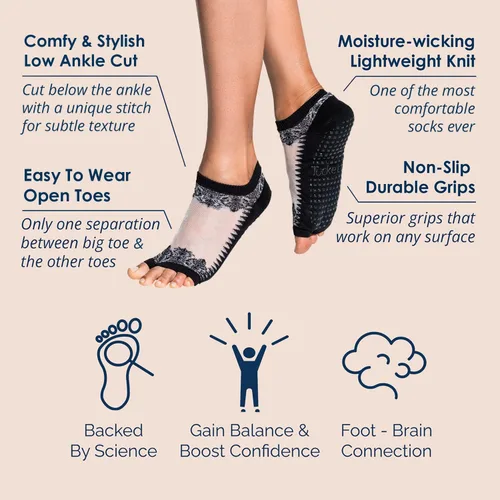 Vista 2 de Tucketts Flow Toeless Non-Slip Grip Socks - Yoga, Barre, Pilates, Home & Leisure, 1 pair Black Sheer