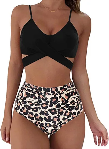 Vista 2 de Conjunto de bikini para mujer, traje de baño de dos piezas con parte superior triangular entrecruzada, tirantes delgados, cintura alta, estampado